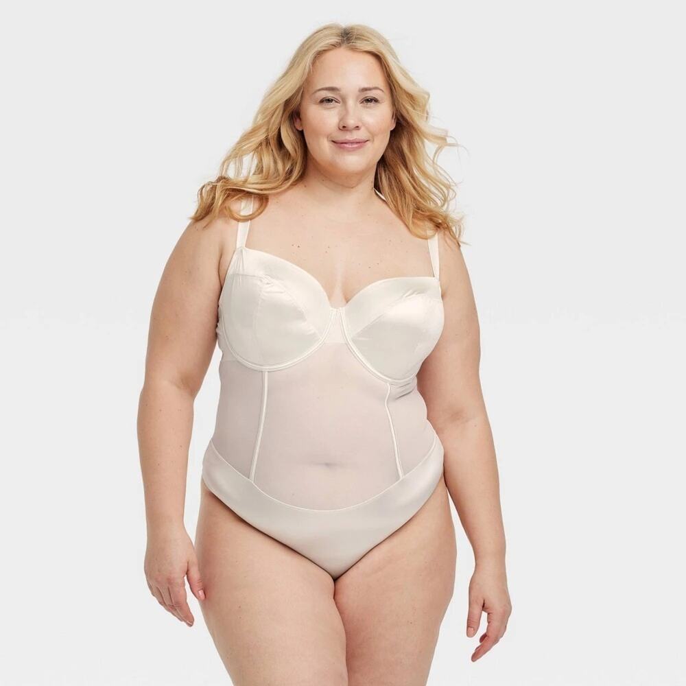 Auden Women’s Satin and Mesh Lightly Lined Lingerie Bodysuit Cream Size 2X